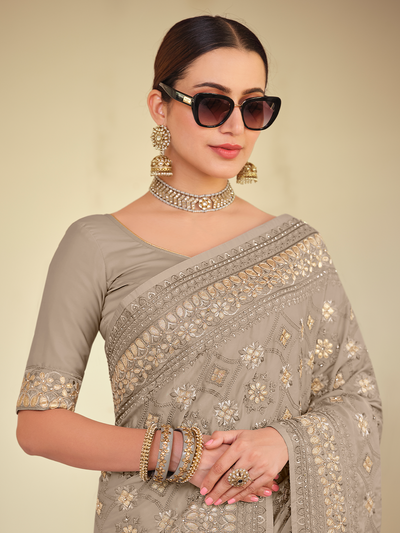 Grey Satin Georgette Saree With Unstitched Blouse