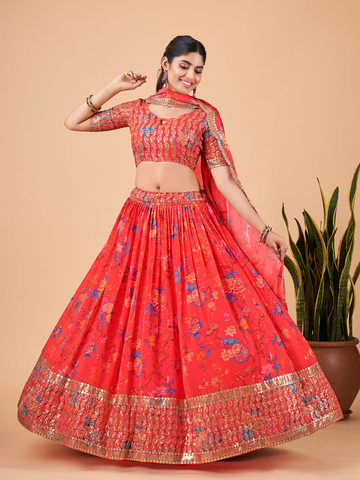 Red Printed And Embroidered Semi Stitched Lehenga With  Unstitched Blouse