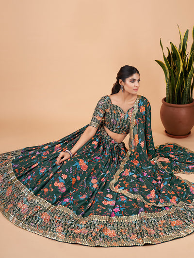 Green Flared Embroidered Semi Stitched Lehenga With  Unstitched Blouse