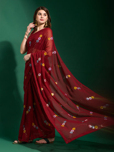 Maroon Georgette Saree With Unstitched Blouse