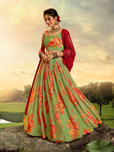 Odette Women Beautiful Green Semi Stitched Lehenga With Unstitched Blouse