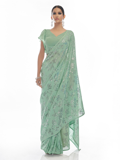 Sea  Green Georgette Saree With Unstitched Blouse