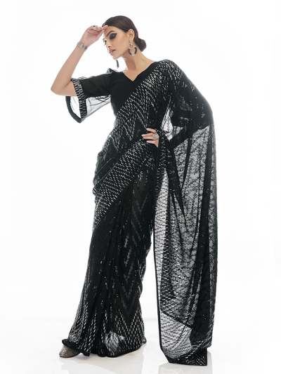 Black Georgette Saree With Unstitched Blouse