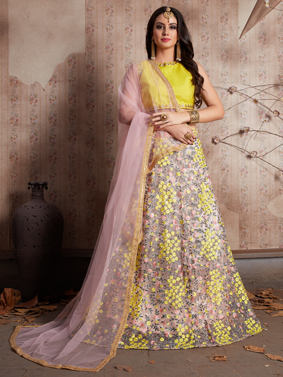 Peach Embroidered Semi Stitched Lehenga With Unstitched Blouse