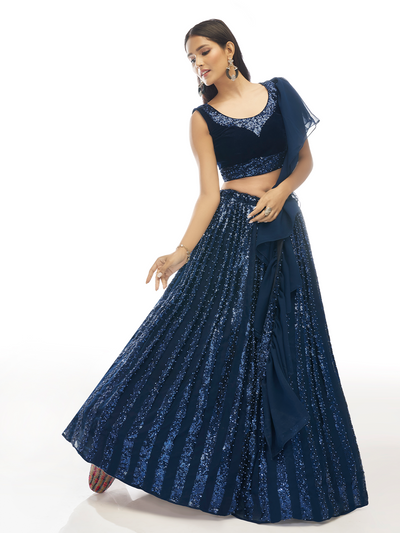 Dark Blue Embroidered Velvet Semi Stitched Lehenga With Unstitched Blouse