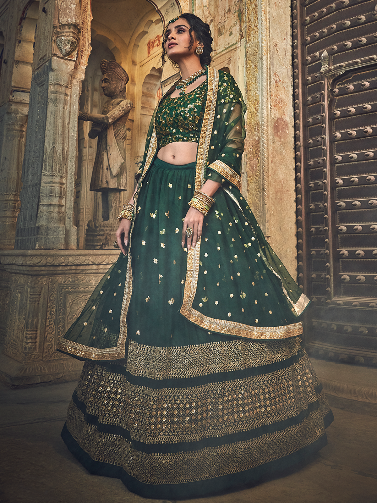 Green Embroidered Soft Net Semi Stitched Lehenga With Unstitched Blouse