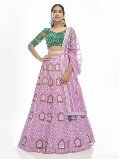 Purple Embroidered Soft Net Semi Stitched Lehenga With Unstitched Blouse