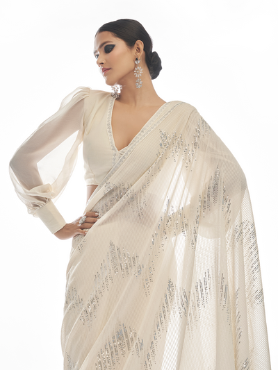 White Georgette Saree With Unstitched Blouse