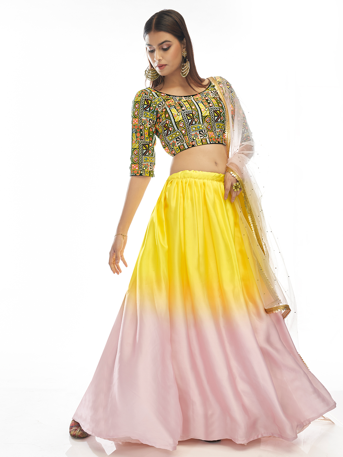 Multicolored Embroidered Velvet Semi Stitched Lehenga With Unstitched Blouse