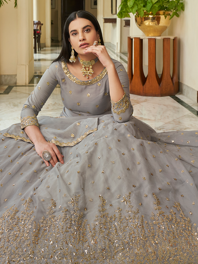Grey Embroidered Semi Stitched Lehenga With Unstitched Blouse
