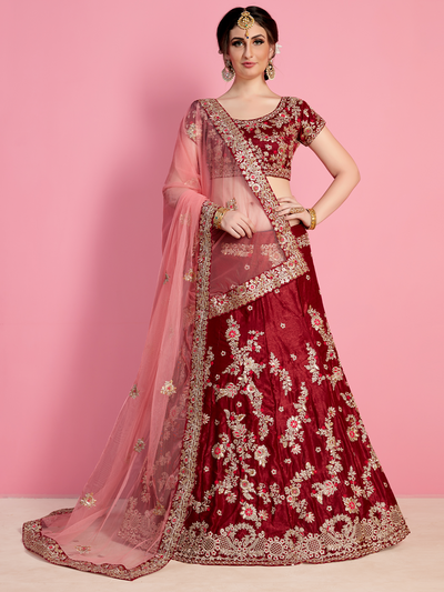 Red Embroidered Velvet Silk Semi Stitched Lehenga With Unstitched Blouse