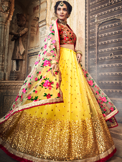 Yellow Embroidered Soft Net Semi Stitched Lehenga With Unstitched Blouse