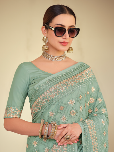 Sea Green Satin Georgette Saree With Unstitched Blouse