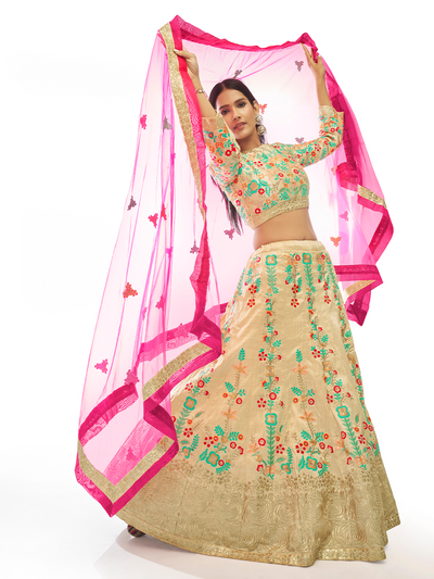 Beige Embroidered Semi Stitched Lehenga With Unstitched Blouse