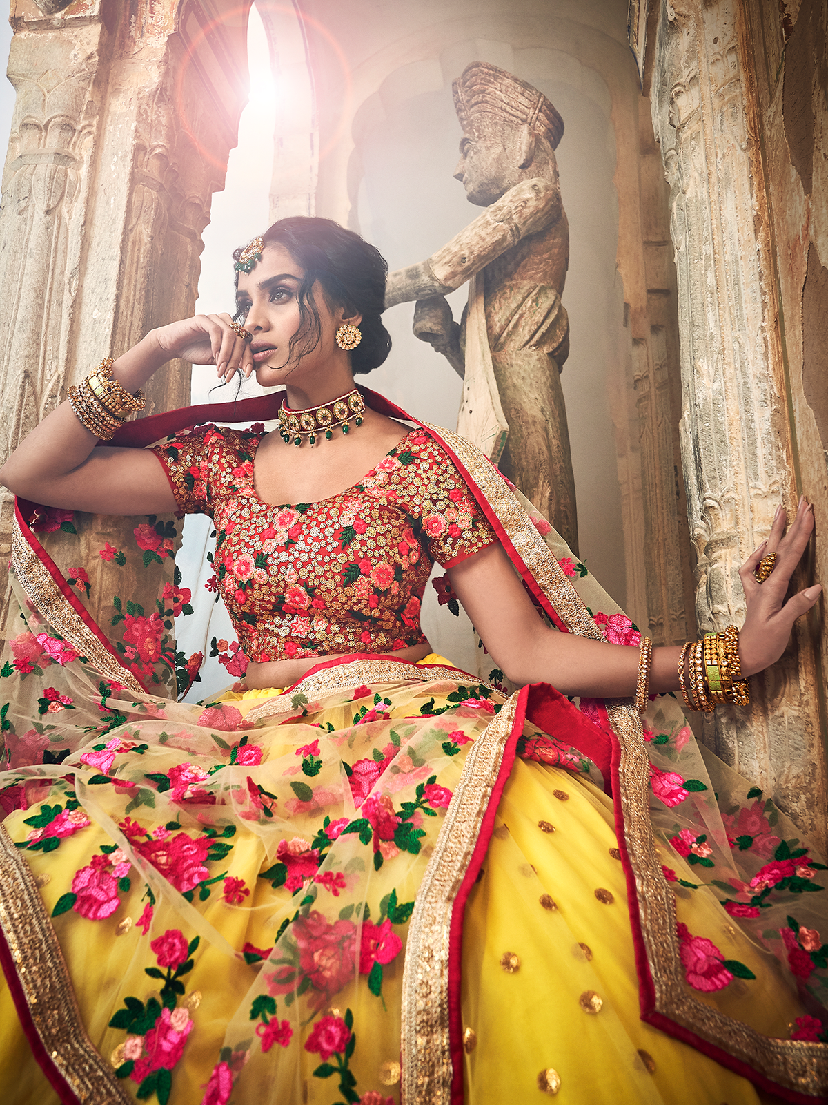 Yellow Embroidered Soft Net Semi Stitched Lehenga With Unstitched Blouse
