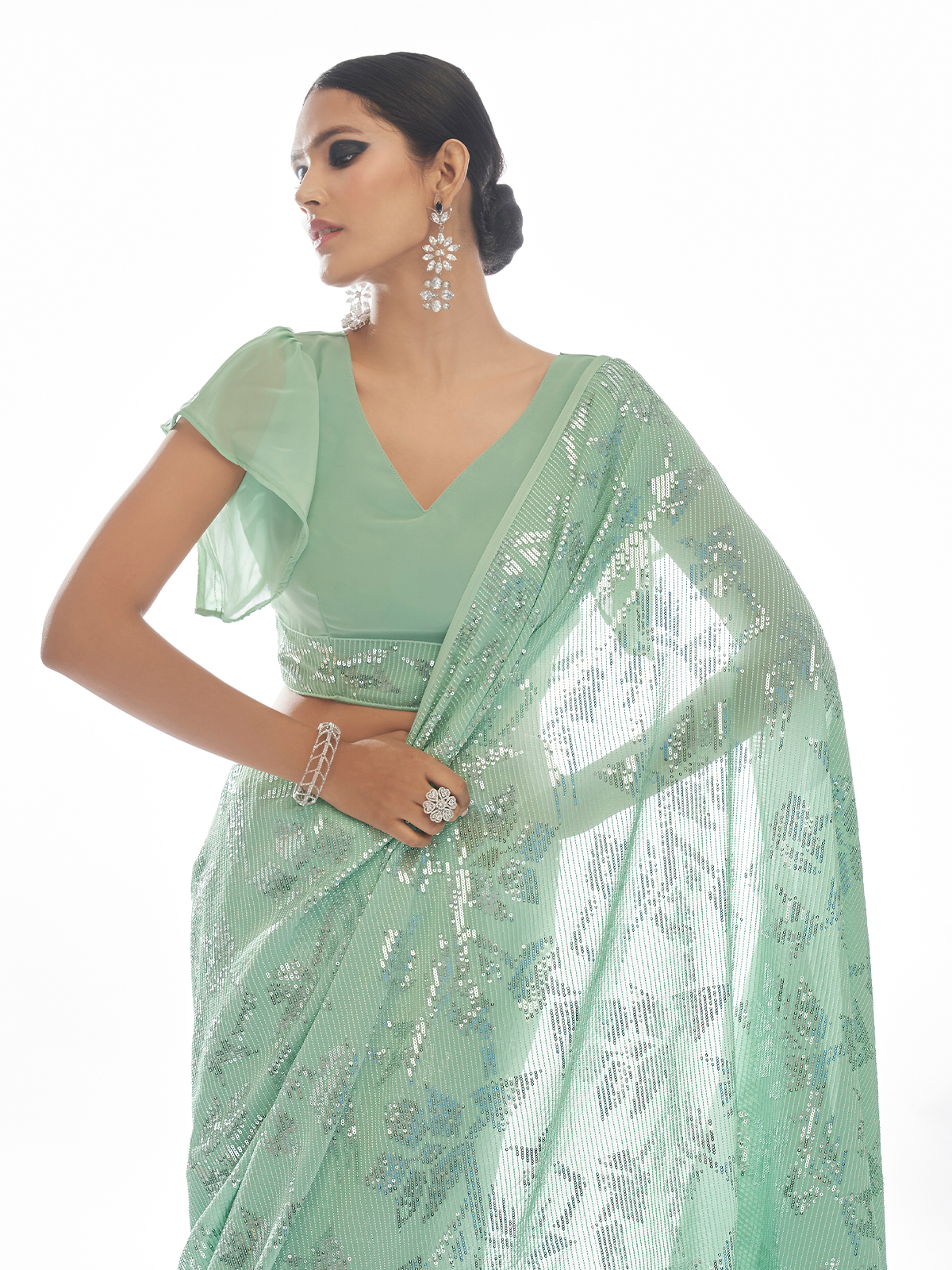 Sea  Green Georgette Saree With Unstitched Blouse