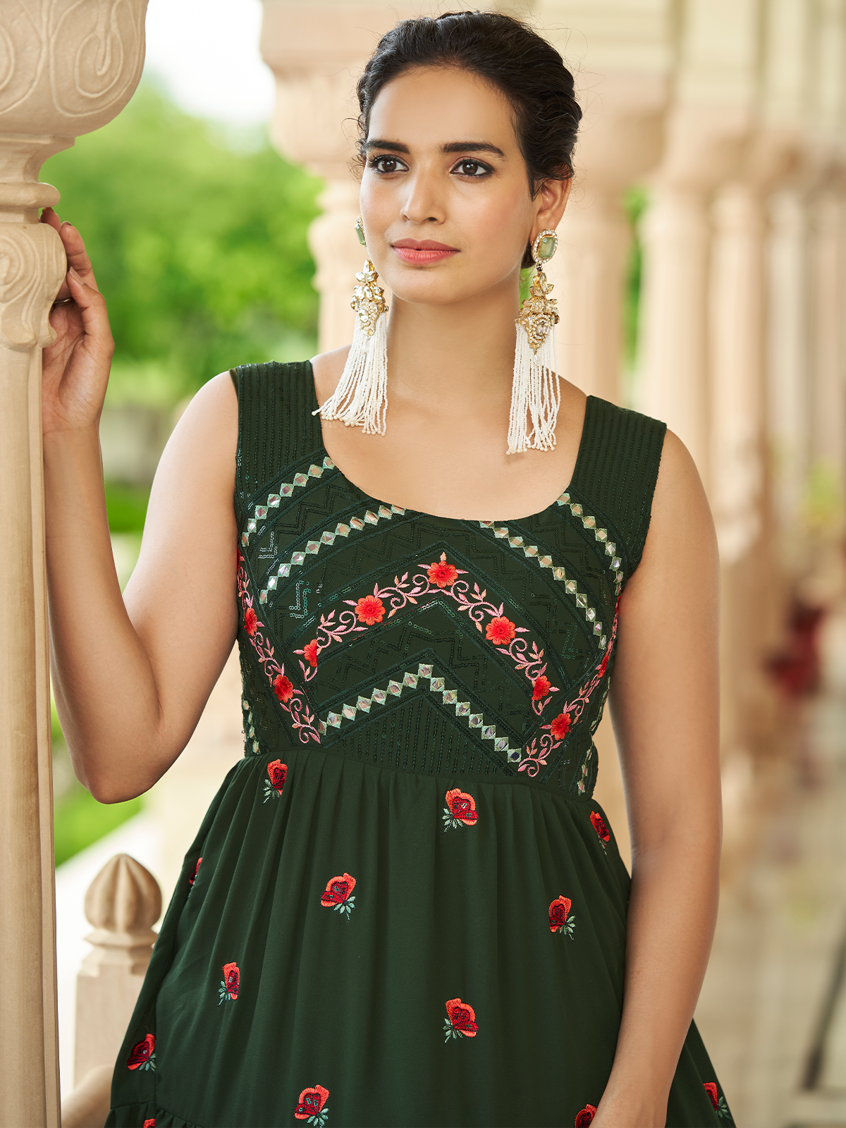 Odette Women Designer Dark Green Georgette Semi Stitched Gown