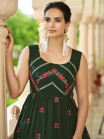 Odette Women Designer Dark Green Georgette Semi Stitched Gown