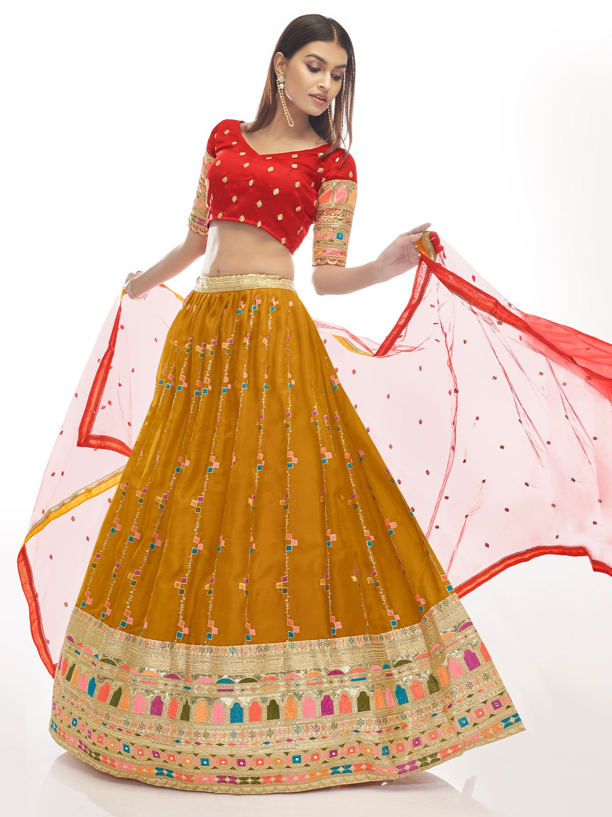 Mustard Embroidered Georgette Semi Stitched Lehenga With Unstitched Blouse