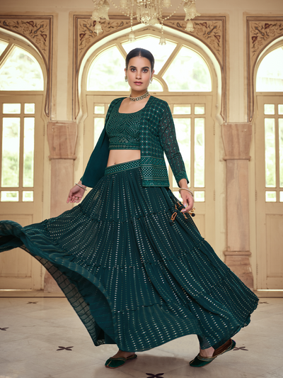 Dark Green Embroidered Georgette Semi Stitched Lehenga With Unstitched Blouse