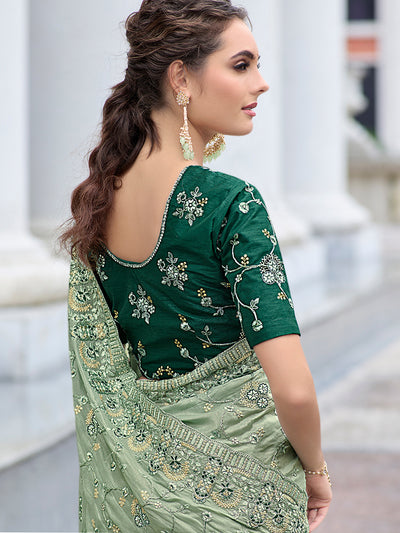 Light Green Fancy Embroidered Saree With Unstitched Blouse