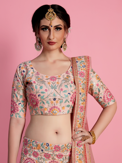 Peach Embroidered Art Silk Semi Stitched Lehenga With Unstitched Blouse