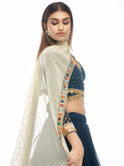 Dark Blue Embroidered Georgette Semi Stitched Lehenga With Unstitched Blouse