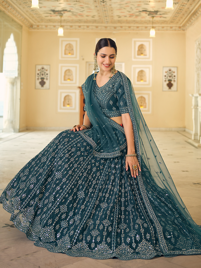 Teal Embroidered Soft Net Semi Stitched Lehenga With Unstitched Blouse