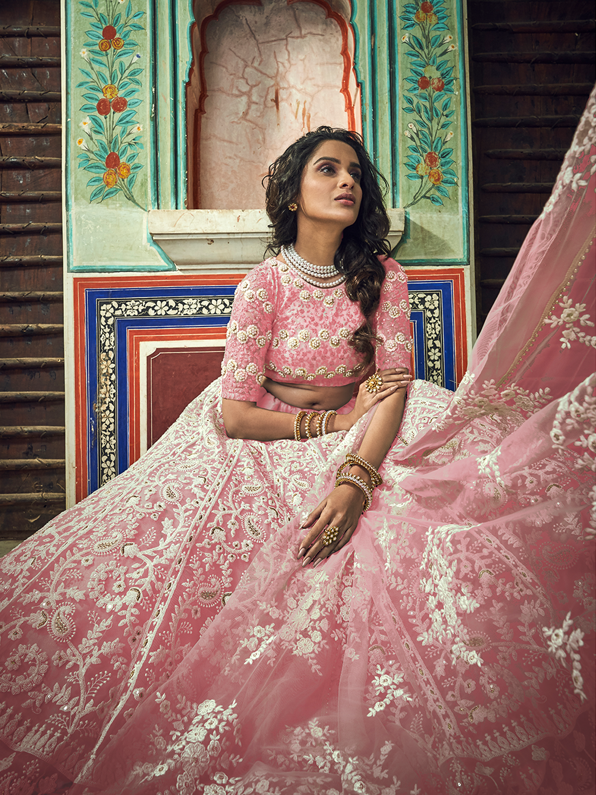 Pink Embroidered Soft Net Semi Stitched Lehenga With Unstitched Blouse