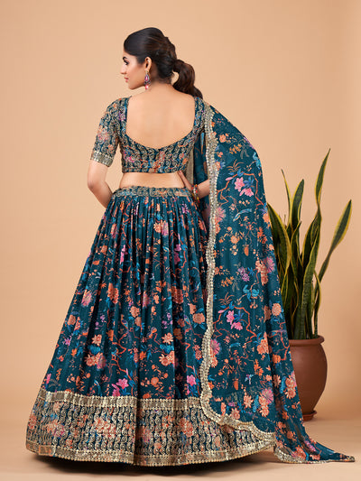 Teal Printed And Embroidered Semi Stitched Lehenga With  Unstitched Blouse