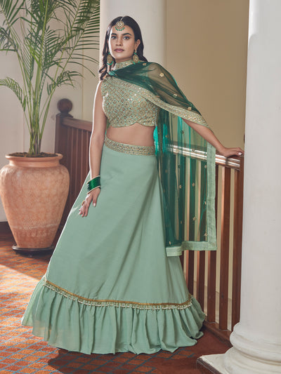 Odette Women Classy Sea Green Embroidered Semi Stitched Lehenga With Unstitched Blouse