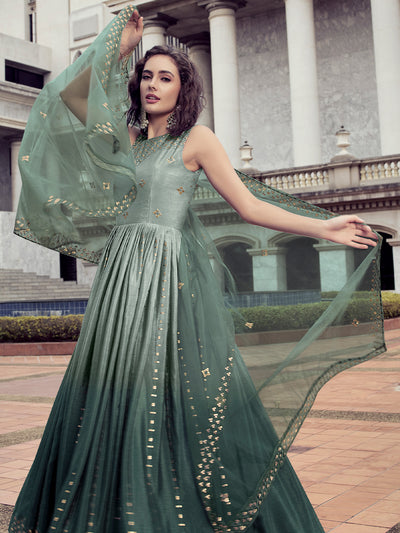 Odette Women Green Shaded Semi Stitched Gown With Dupatta