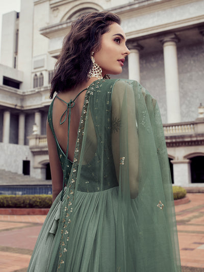 Odette Women Green Shaded Semi Stitched Gown With Dupatta