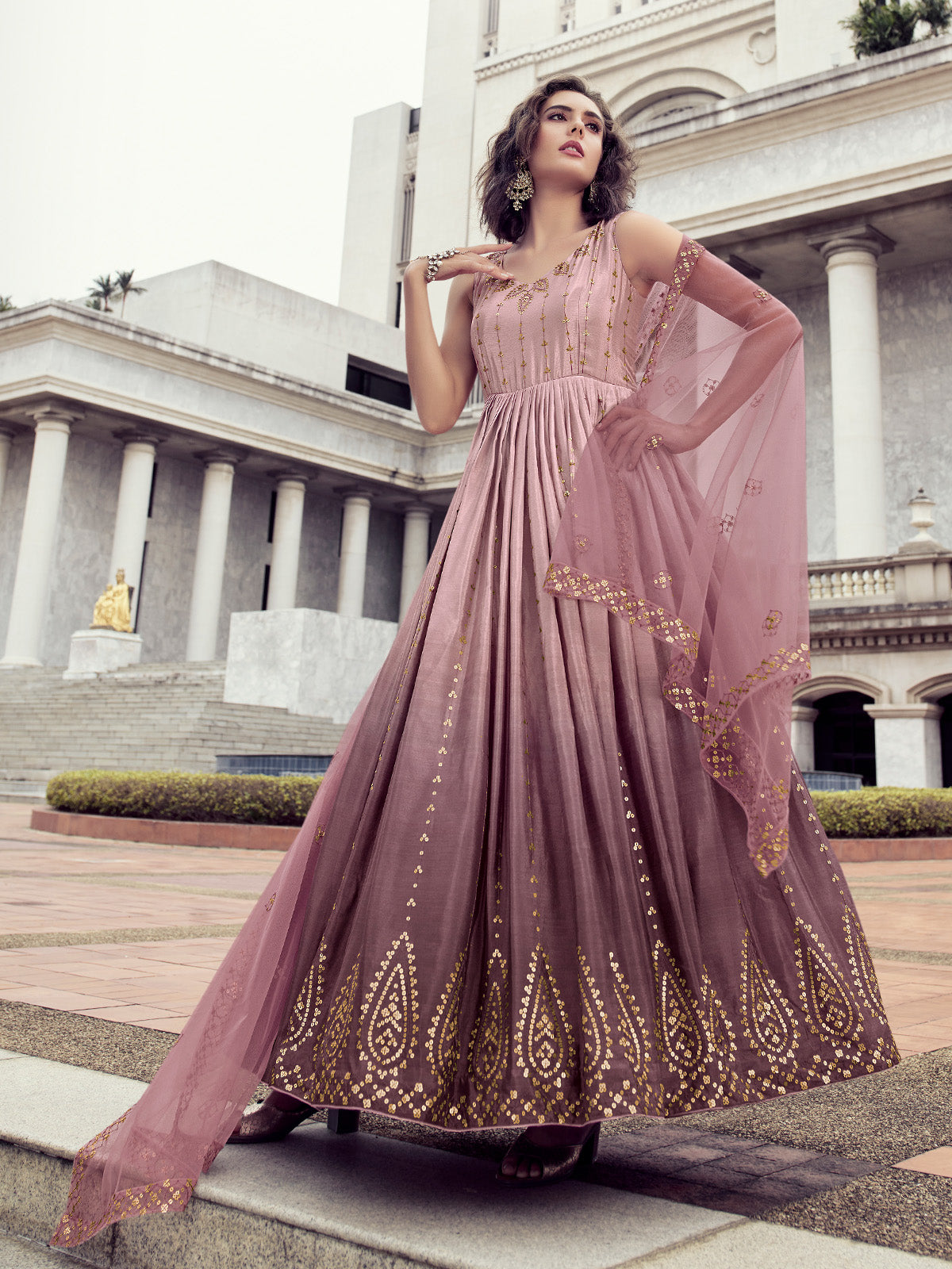 Odette Women Mauve Shaded Semi Stitched Gown With Dupatta