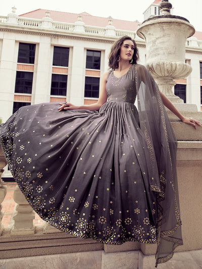 Odette Women Blush Voilet Shaded Semi Stitched Gown With Dupatta