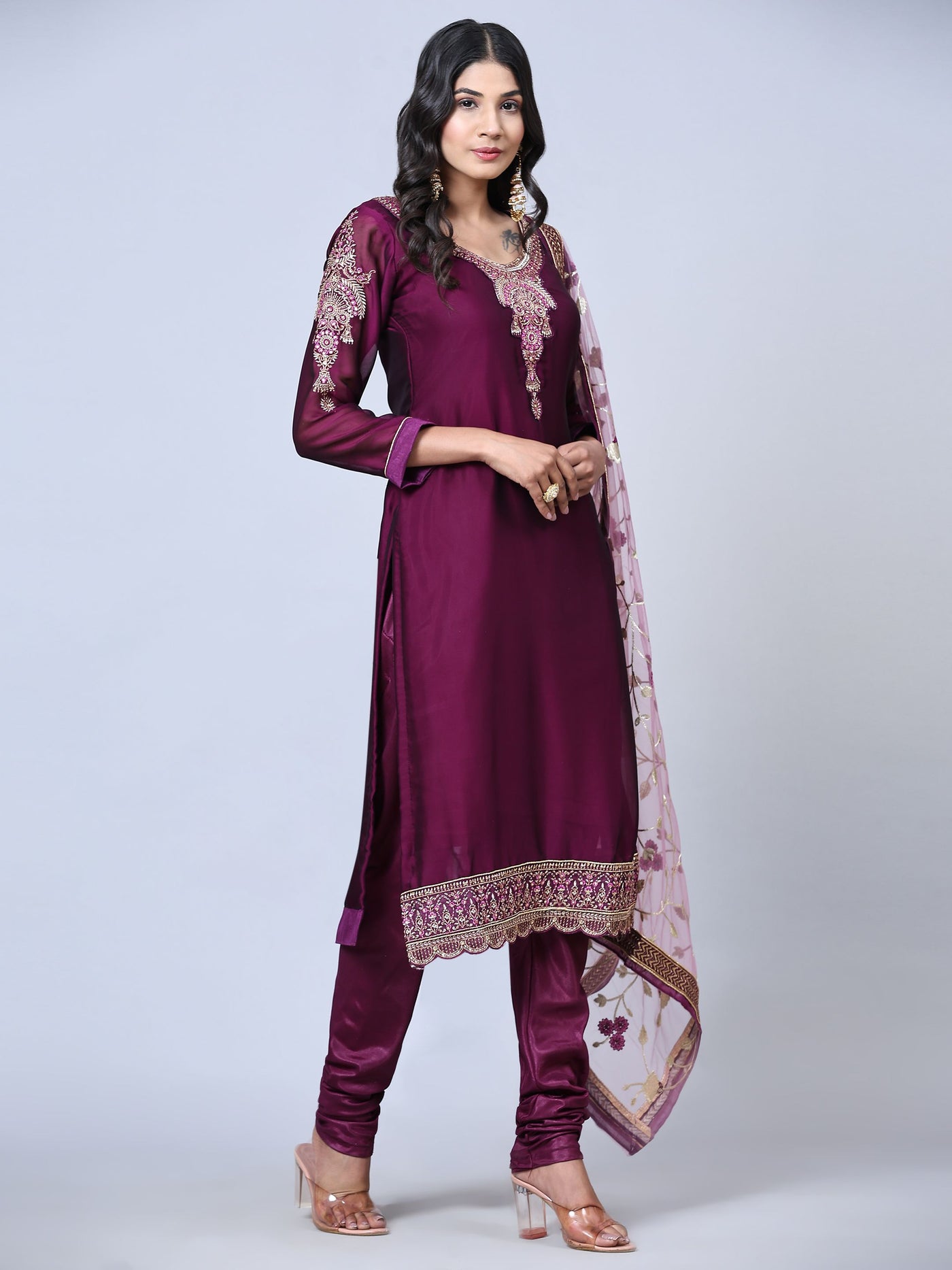 Purple Embroidered Georgette Semi Stitched Salwar Suit