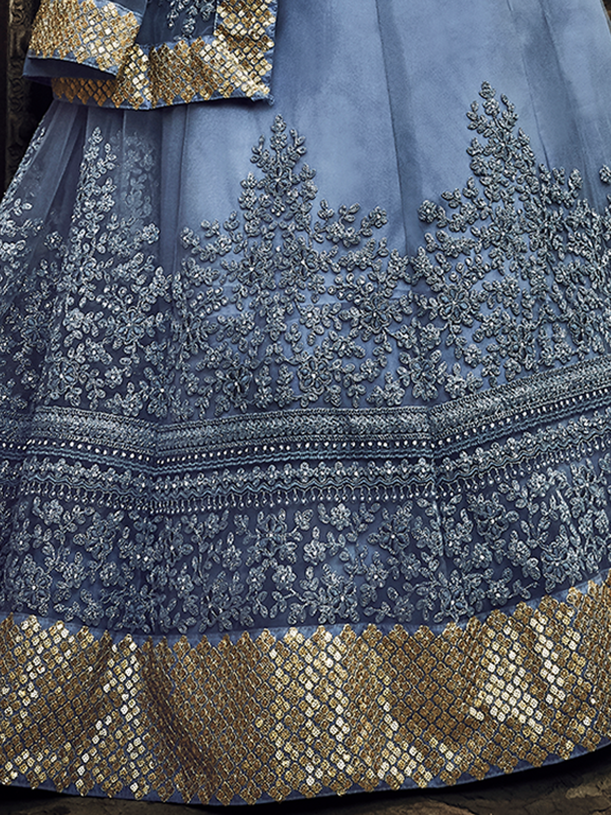 Grey Embroidered Soft Net Semi Stitched Lehenga With Unstitched Blouse