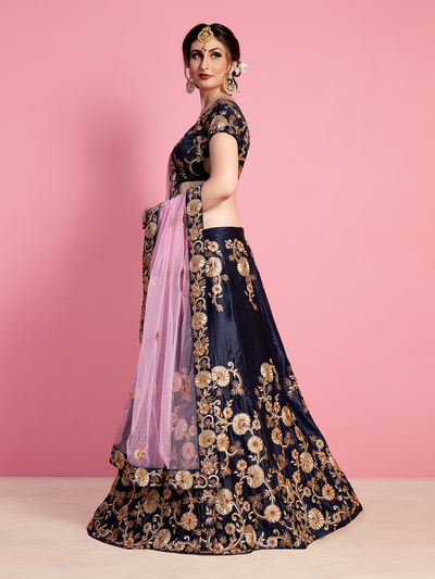 Dark Blue Embroidered Velvet Silk Semi Stitched Lehenga With Unstitched Blouse