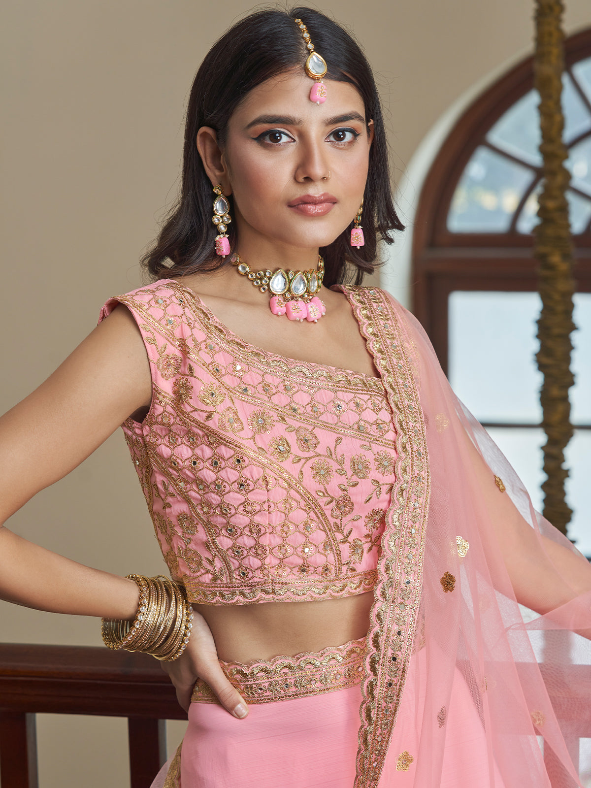 Odette Women Classy Pink Embroidered Semi Stitched Lehenga With Unstitched Blouse