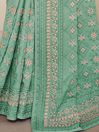 Sea Green Satin Georgette Saree With Unstitched Blouse
