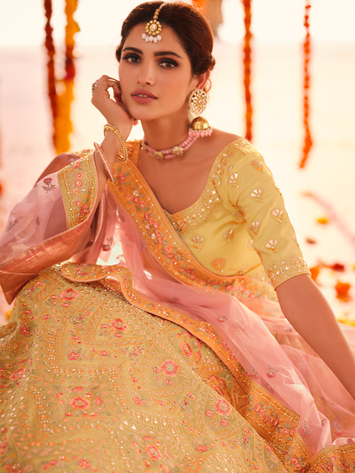 Odette Women Yellow Embroidered Organza Semi Stitched Lehenga With Unstitched Blouse