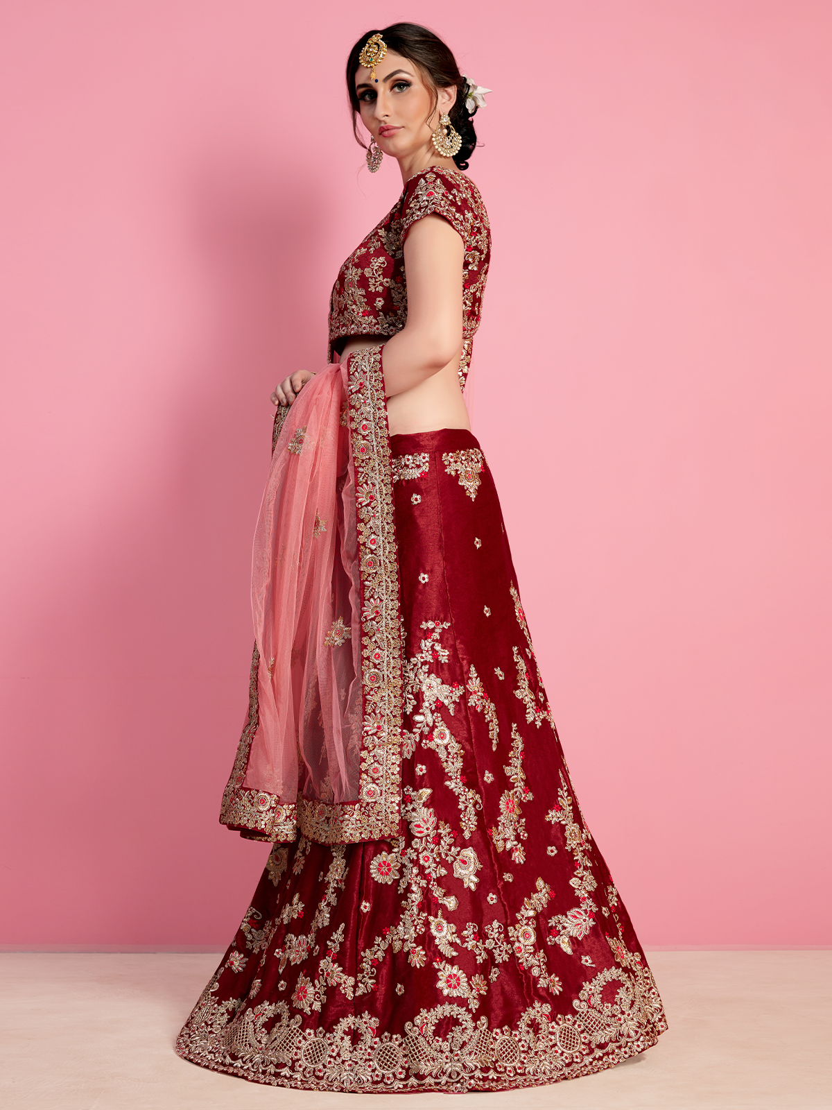 Red Embroidered Velvet Silk Semi Stitched Lehenga With Unstitched Blouse