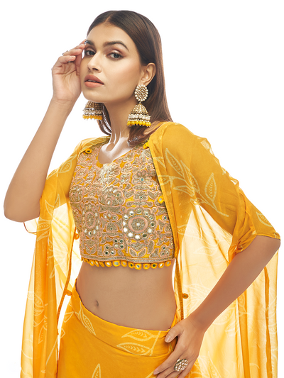 Mustard Embroidered Organza Semi Stitched Lehenga With Unstitched Blouse