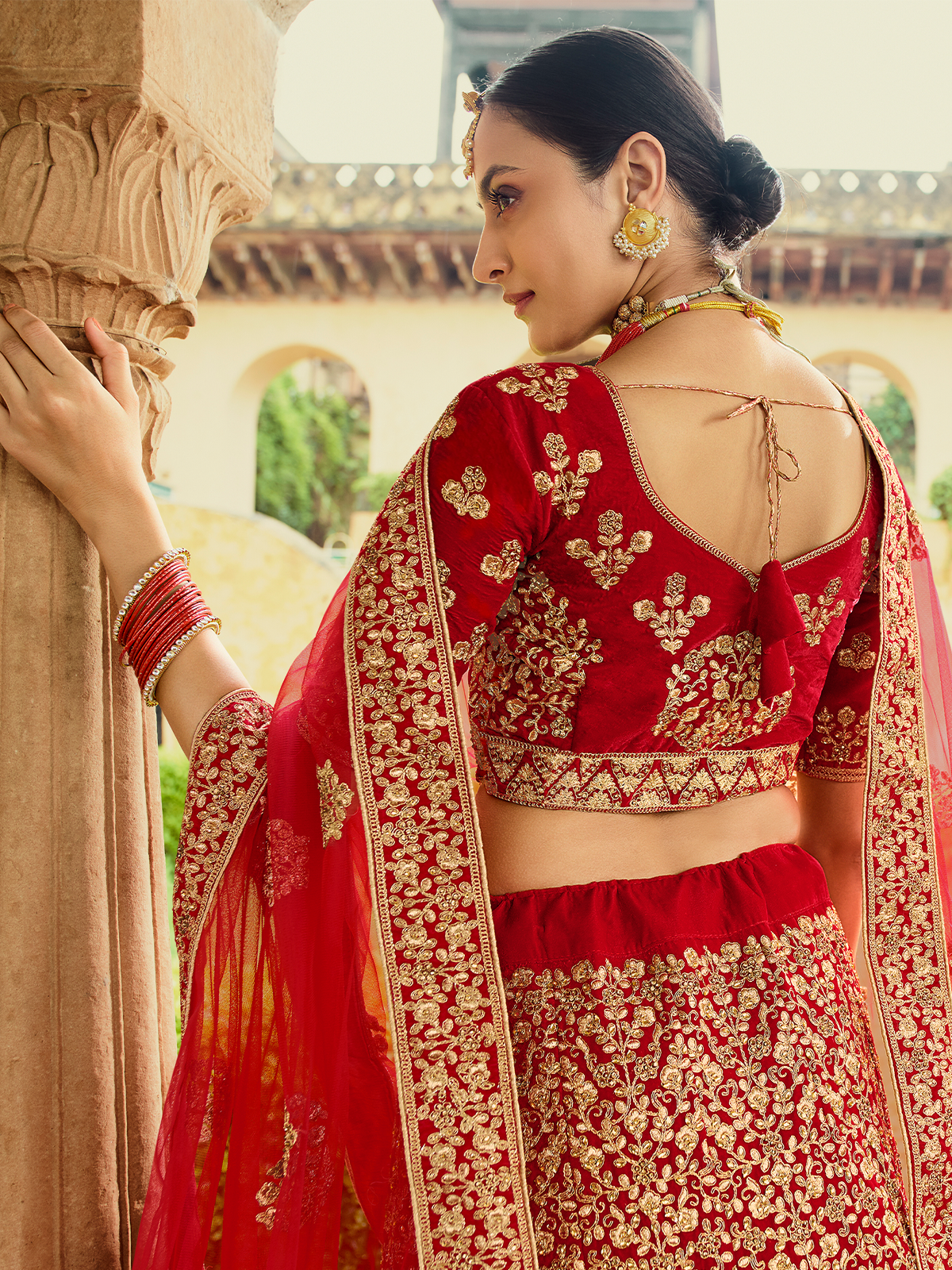 Red Velvet Semi Stitched Lehenga With Unstitched Blouse