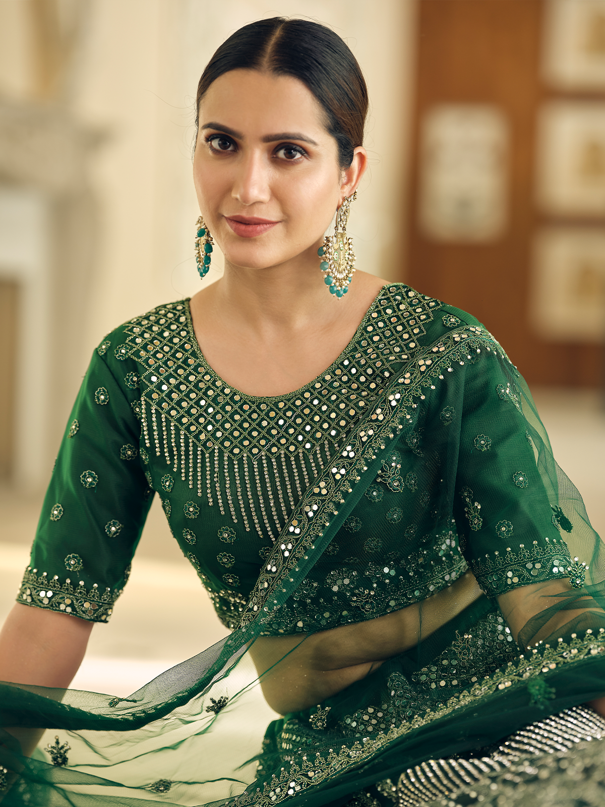 Green Embroidered Soft Net Semi Stitched Lehenga With Unstitched Blouse