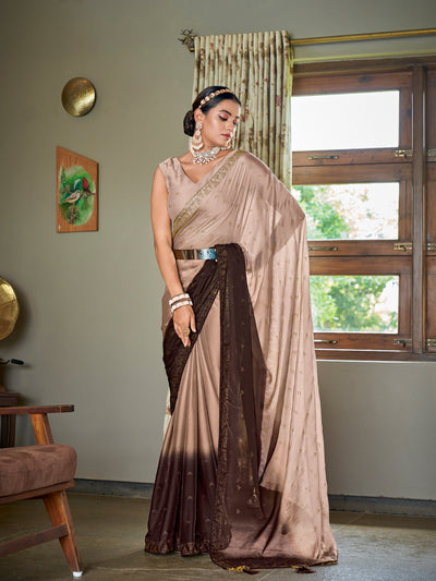 Odette Women Brown Saree With Unstitched Blouse