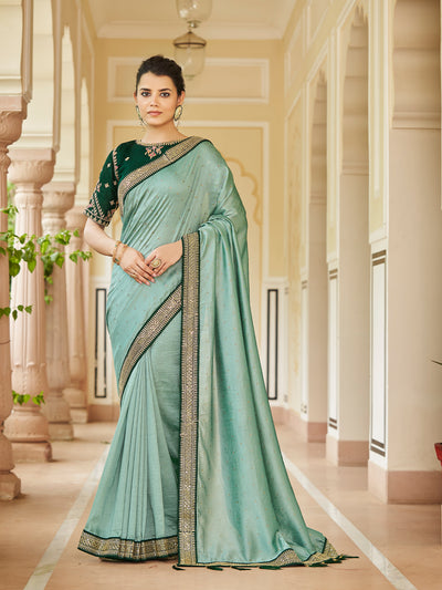 Odette Women Sea Green Saree With Unstitched Blouse