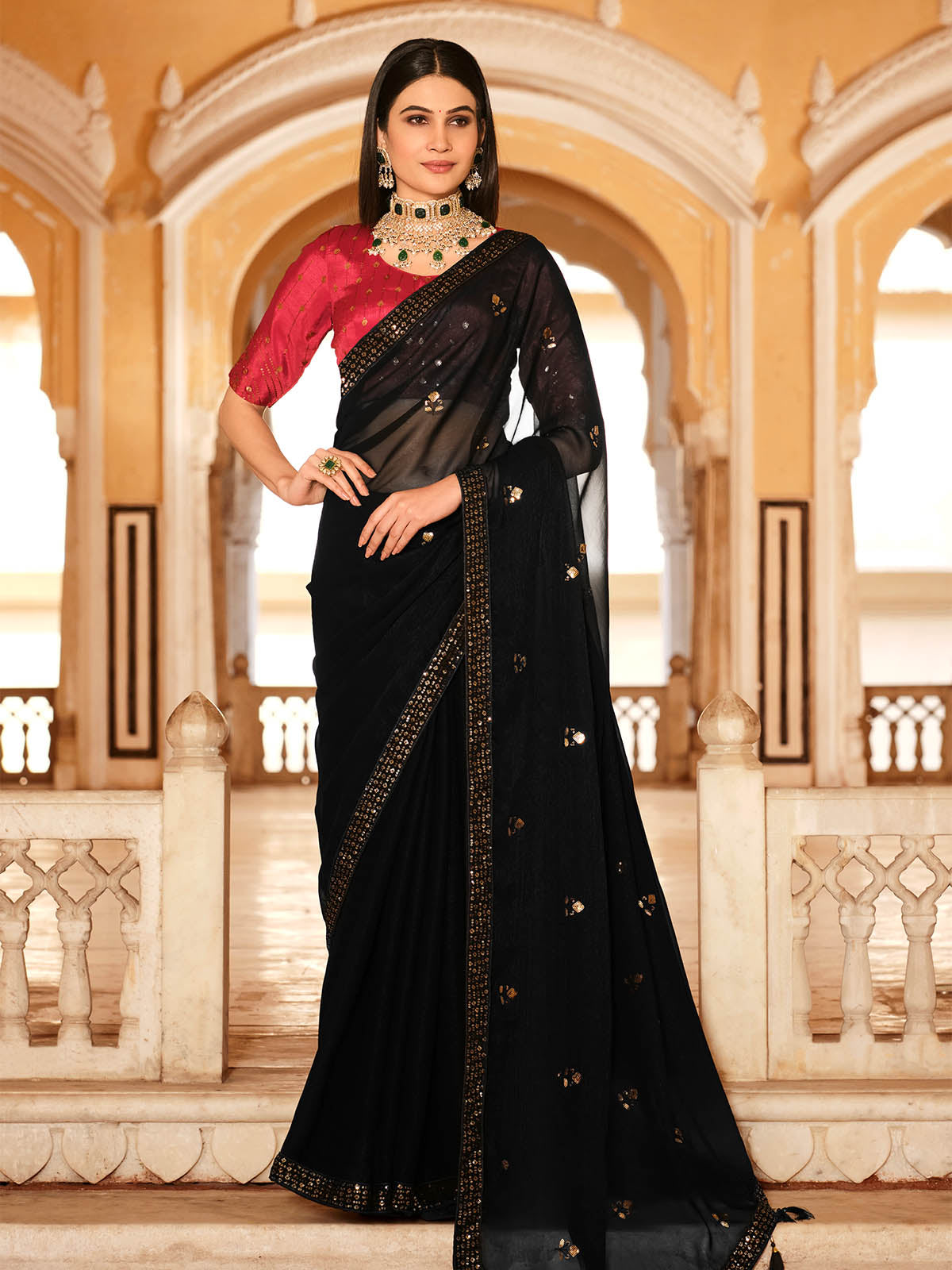 Odette Women Classic Black Chinon Saree With Unstitched Blouse