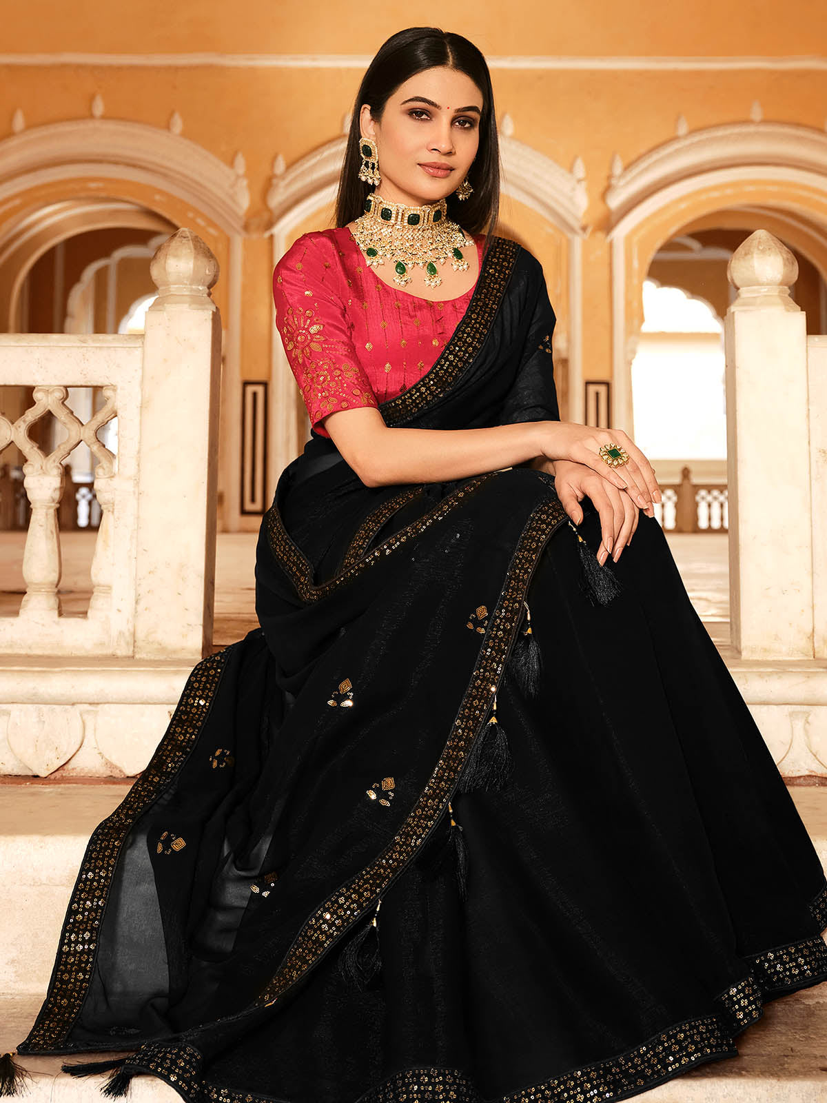 Odette Women Classic Black Chinon Saree With Unstitched Blouse