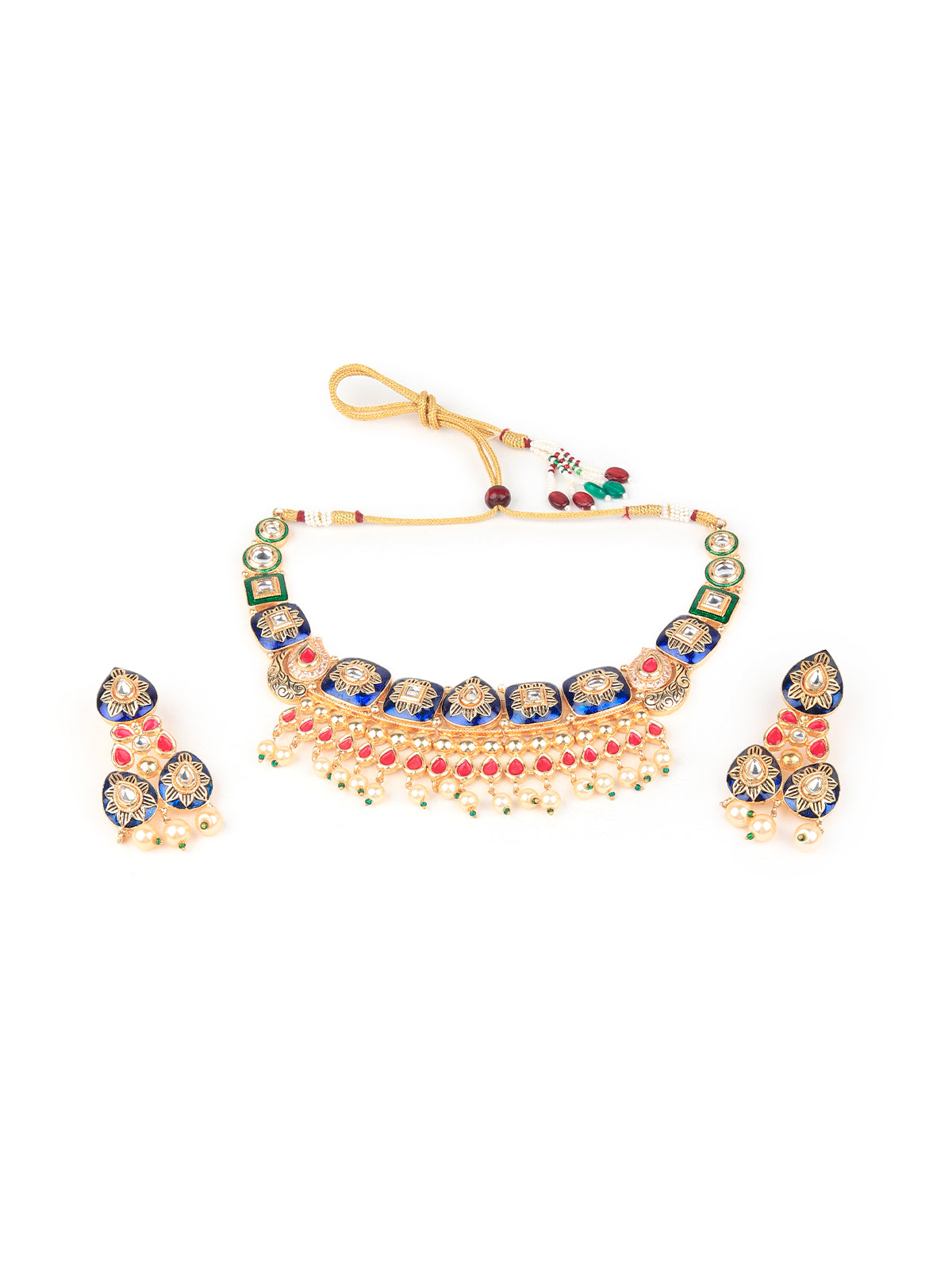 Odette Women Blue And Red Meenakari Choker Necklace Set